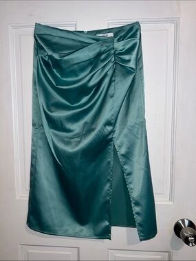 Satin Draped Midi Skirt in Teal